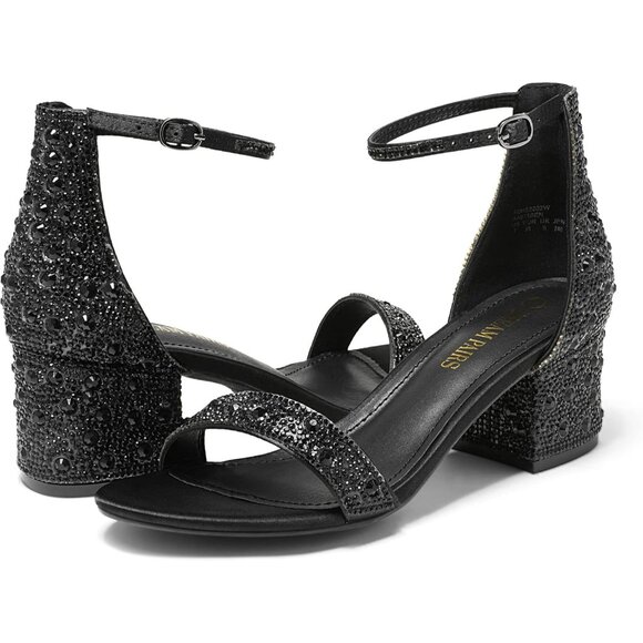 Dream Pairs Women's Black/Rhinestone Chunky Block Heel Ankle Strap Sandals Shoes - Picture 2 of 7